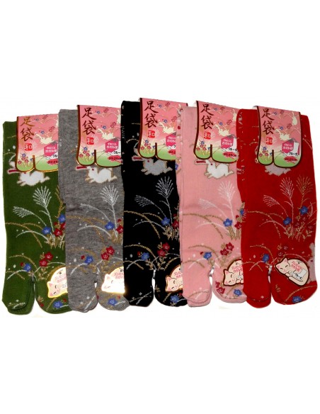 Japanese split toes socks. Crew Tabi socks - Size 35 to 39 - Rabbits and wild flowers