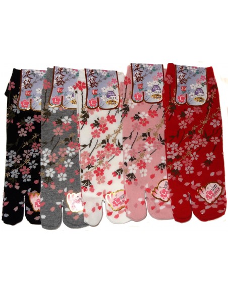 Chaussettes japonaises Tabi - Du 39 au 43 - Motifs Sakura. Chaussettes doigts orteils séparés.