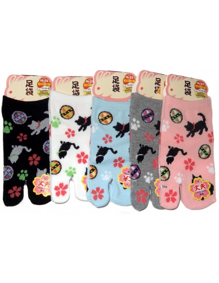 Chaussettes tabi japonaises enfants - Pointure 26 à 35 - Motifs de chats et temari