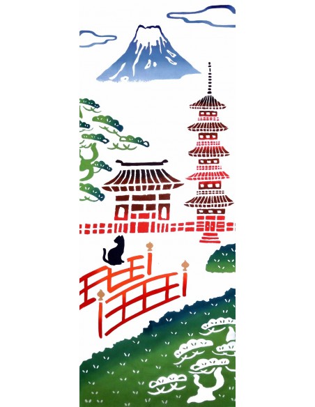 Tenugui - reversible - Mount fuji and Pagoda. Japanese cloth and textile. Japanese decoration