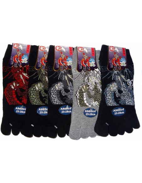 Chaussettes 5 orteils - Du 39 au 43 - Dragon et Mont Fuji. Chaussettes à orteils séparés.