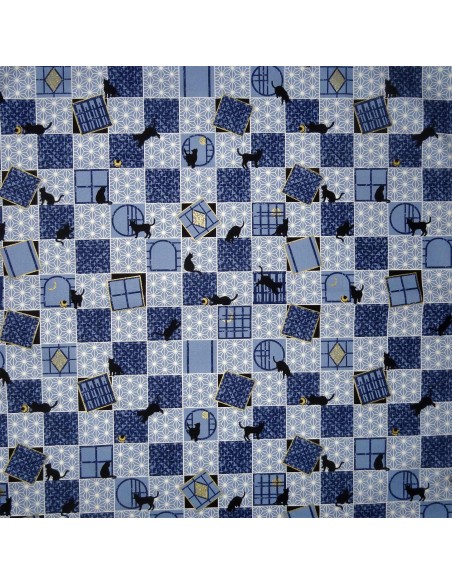 Carré de tissu japonais 52 x 52 bleu - Motifs de chats. Emballage cadeaux en tissu.