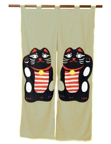 Noren gris beige - Maneki Neko noirs. Rideaux japonais de séparation.