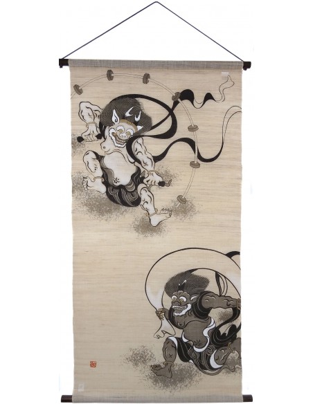 Hanging tapestry - Fûjin and Raijin Gods - 60x120. Japanese wall decoration Kakejiku Kakemono.