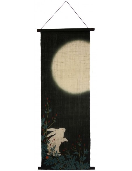 Tapisserie suspendue - Lapin sous la Lune - 45x130. Decoration murale japonaise.