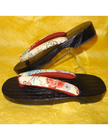 Geta 24 cm - Cream bridle with floral prints. Japanese flip flop for Yukata