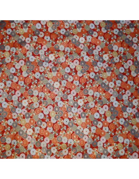 Carré de tissu 52 x 52 rouge orangé - Chrysanthèmes. Tissus japonais furoshiki.