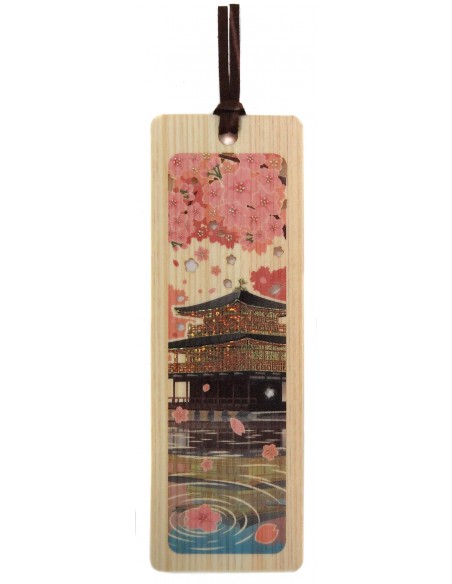 Hinoki Wooden Bookmark - Kingakuji and Sakura